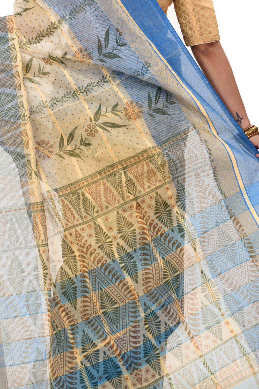 Blue Pure Cotton Lata Pata Tant Saree Print (437)